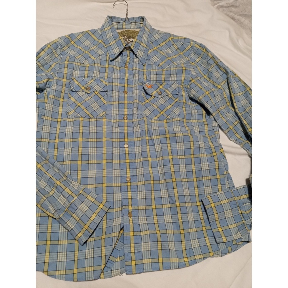 Hollister‎ Mens Blue Yellow Plaid Western Pearl Snap Long Sleeve Shirt Medium